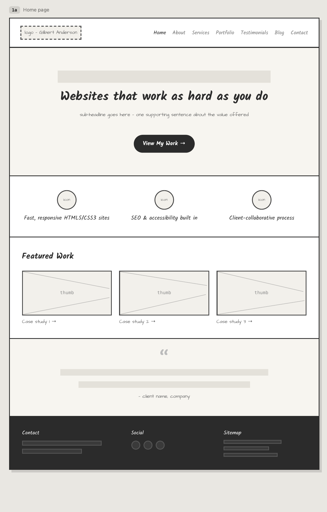 Higher-fidelity wireframe of the home page with the same layout as version 1, styled with rounded buttons and a warmer color palette.