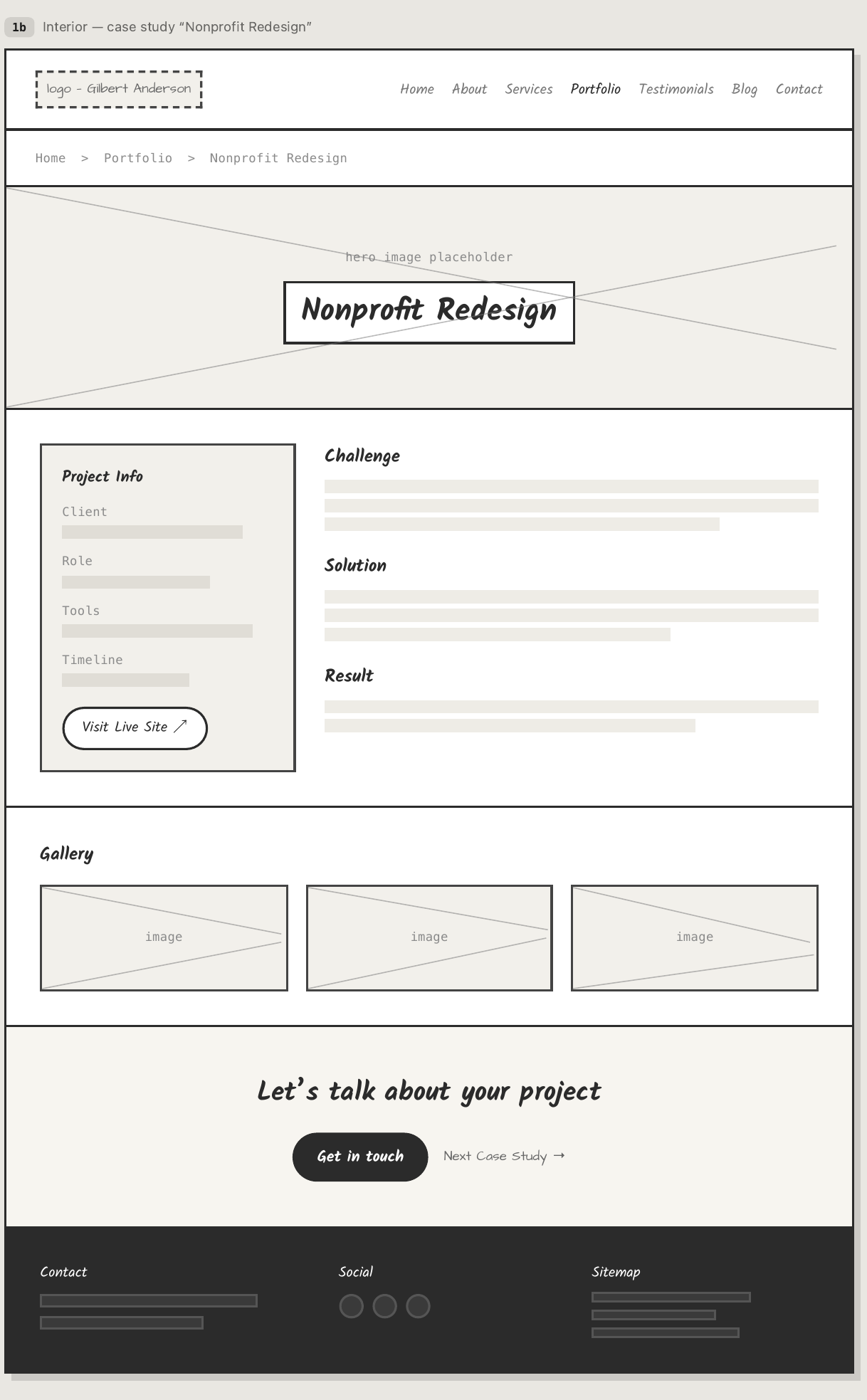Higher-fidelity wireframe of the interior case study page with the same layout as version 1, styled with rounded buttons and a warmer color palette.