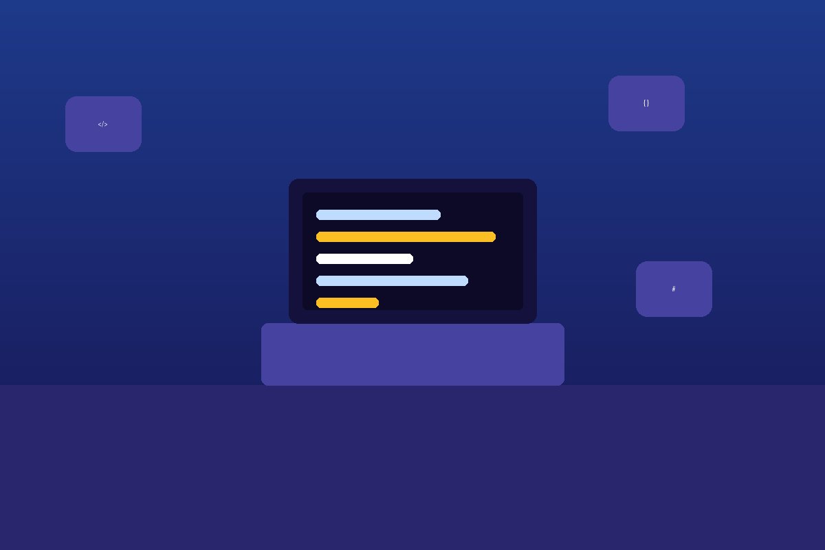 Illustration of a laptop displaying colorful code on a desk, representing a freelance web design workspace